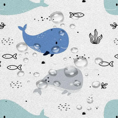 Miniatura 5 de Cortina de ducha de ballena de dibujos animados, lindo animal oceánico, azul y gris, diseño abstracto de peces náuticos, divertido para niños