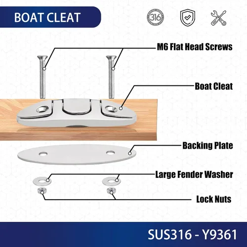 Miniatura 5 de Tacos plegables para barco de 4-1/2 pulgadas, acero inoxidable 316, tacos de muelle abatibles, paquete de 2