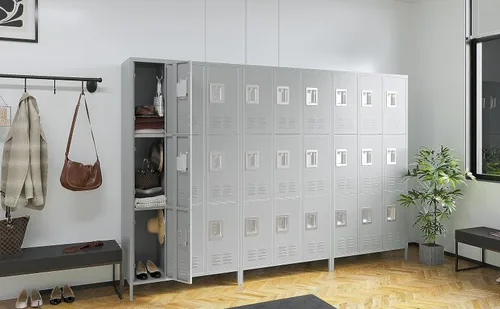 Miniatura 6 de MIIIKO Taquillas metálicas de 3 niveles de 3 anchos, 72 x 36 x 16 pulgadas con 9 compartimentos, armario grande para empleados con estantes, puertas