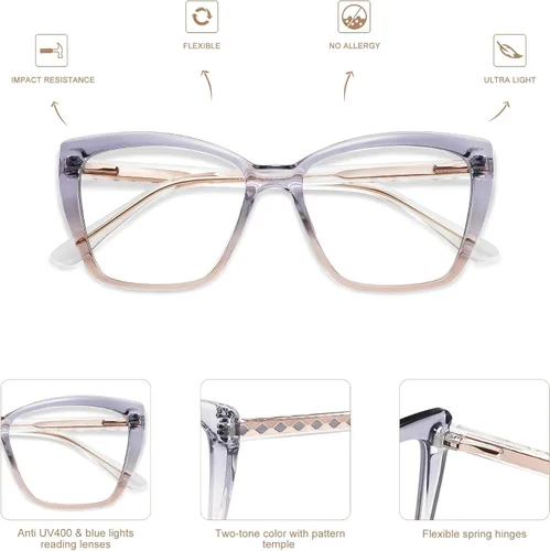 Miniatura 5 de AMOMOMA Trendy TR90 Gafas de Lectura Grandes con Filtro de Luz Azul para Mujeres, Elegantes Gafas Cuadradas Tipo Ojo de Gato AM6031 C1.negro+c3.gris