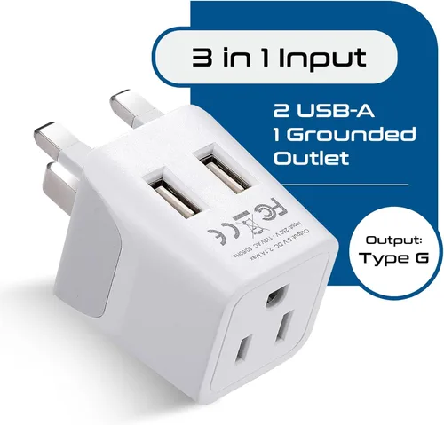 Miniatura 2 de Ceptics UK, Hong Kong, CTU-7-2PK Adaptador de enchufe de viaje para Irlanda con USB dual - Tipo G - Londres - Entrada EE. UU. - Peso ligero