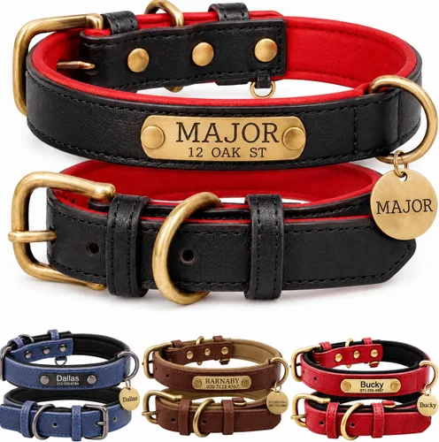 Miniatura 20 de Collar de cuero para perro personalizado y juego de correa, personalizado con diseño acolchado suave y resistente con placa de nombre grabada