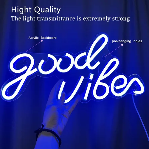 Miniatura 4 de Good Vibes - Letrero de neón LED para decoración de pared, luces de neón azules para dormitorio y fiesta, luz de neón brillante alimentada por USB