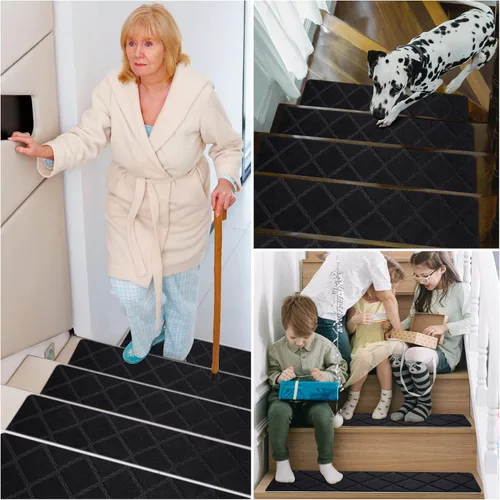 Miniatura 6 de Peldaños de escalera para escalones de madera, 15 unidades, 8 x 30 pulgadas, alfombras antideslizantes para interiores, para niños, ancianos y Negro