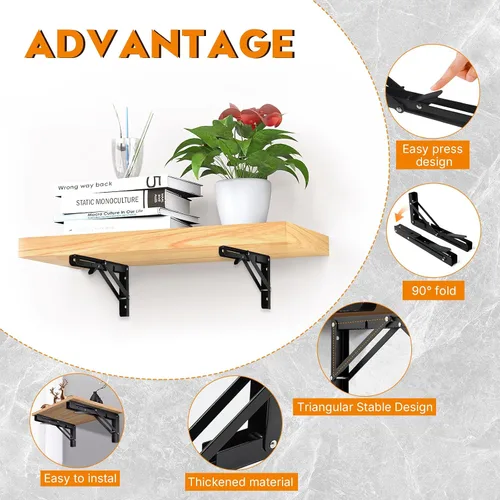 Miniatura 5 de Soportes plegables para estantes de 8 pulgadas, estante de metal resistente, soporte plegable montado en la pared para ahorrar espacio, mesa