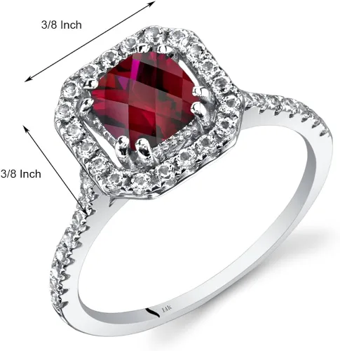 Miniatura 2 de Peora Anillo de rubí creado para mujer, oro blanco de 14 quilates con topacio blanco auténtico, corte de cojín de 1 quilate de 0.23 pulgadas, diseño