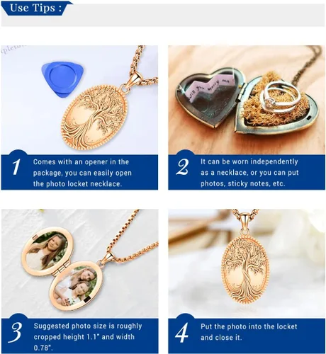 Miniatura 4 de Eusense Collar con medallón que sostiene imágenes de plata de ley 925 con medallón de fotos para mujeres y hombres, dorado