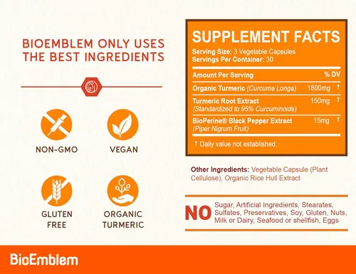 Miniatura 3 de BioEmblem Suplemento de curcumina de cúrcuma con BioPerine Apoyo articular y salud cardíaca con polvo de cúrcuma orgánica y 95% extracto