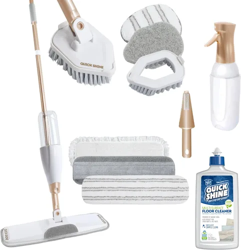 Quick Shine Ultimate Gold Spray Mop Kit | Kit todo en uno de 11 piezas con accesorios intercambiables | Limpiador de piso incluido | No necesita