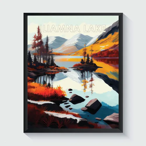 Miniatura 23 de Yellowstone Lake - Póster impreso artístico, ilustración, arte de pared, decoración de paisaje retro, paisaje, obra de arte para decoración de Lago