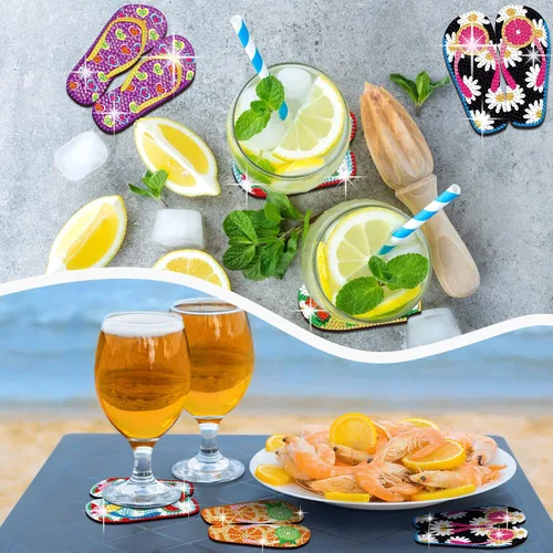 Miniatura 5 de Shellwei 8 posavasos de arte de diamantes para verano, Hawaii, tropical, playa, con soporte para manualidades, regalo, fiesta de adultos