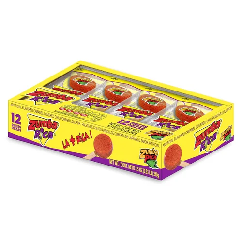 Zumba Rica - Paleta de chile en polvo, 12 unidades, paletas con cubierta de chile en polvo con caramelo, piruleta mexicana, caramelo de chile en