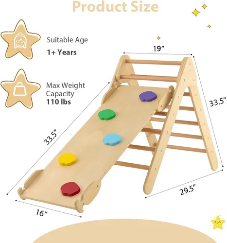 Miniatura 7 de OLAKIDS Pikler - Juego de triángulos 3 en 1, juguetes de escalada para niños pequeños, madera Montessori Baby Jungle Gym con rampa, escalera