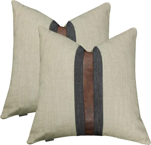 Miniatura 9 de Juego de 2 fundas de almohadas decorativas de cuero, decoración de exteriores, lino con parches, almohadas de cuero sintético marrón, funda
