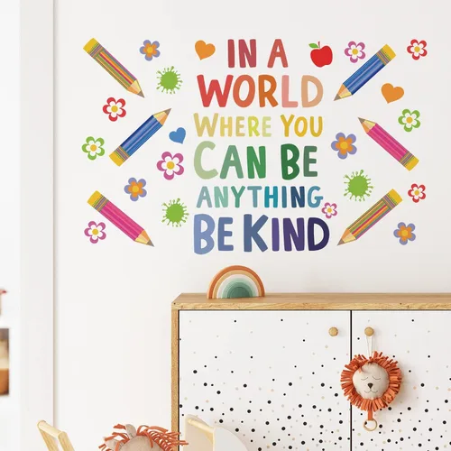 Miniatura 3 de Calcomanías de pared motivacionales para niños, cita inspiradora "in A World Where You Can Be Anything Be Kind", calcomanías de pared de aula