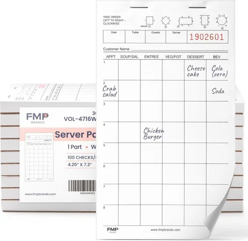 FMP Brands Talonarios de notas de servidor en papel, libros de cheques de invitados, total de 2000 hojas, 20 talonarios, 100 hojas/talonario,