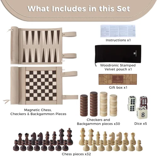 Miniatura 5 de Woodronic Juego de backgammon de ajedrez magnético, juego de ajedrez magnético 3 en 1 para adultos, juego de mesa de gamuza portátil enrollable