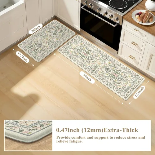 Miniatura 2 de Collive Tapete Anti Fatiga para Piso de Cocina, Tapetes de Cocina con Diseño Floral Primaveral para Piso Juego de 2, Alfombras para Fregadero Beige