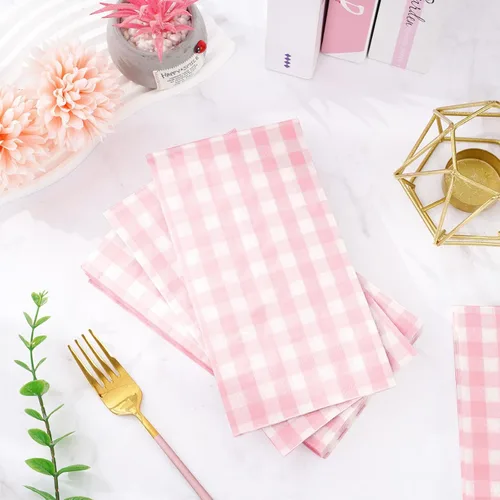 Miniatura 3 de Whaline Servilletas de papel desechables a cuadros de búfalo de color rosa claro, 3 capas, para cena de boda, toalla de mano para cumpleaños, novia