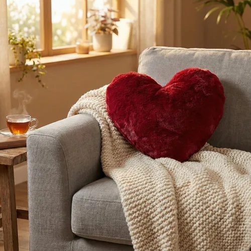 Miniatura 6 de DaDa Bedding Dreamy - Almohada de piel sintética de corazón rojo – Cojín de peluche de corazones enamorados de lujo de San Valentín con inserto Lujo