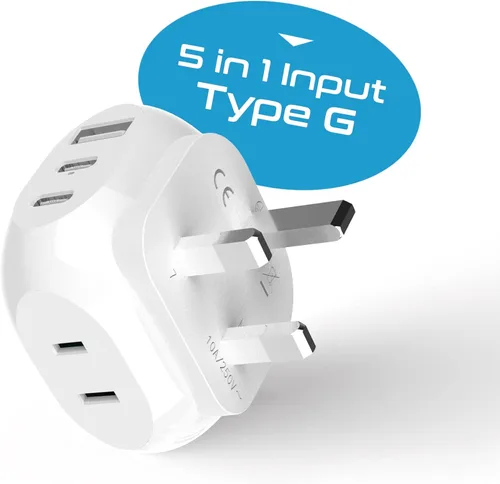 Miniatura 2 de Ceptics - Adaptador de enchufe de viaje para Reino Unido e Irlanda - 5 entradas con 20W PD-QC 3.1A USB-C dual y USB - Peso ligero - De EE. UU. a