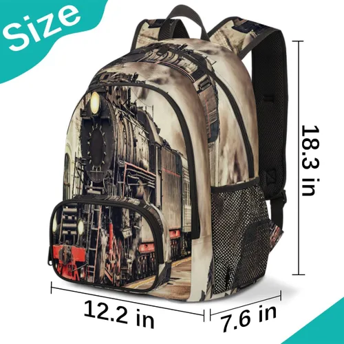Miniatura 2 de TropicalLife Mochila escolar vintage de tren de vapor de 18 pulgadas, mochila escolar para adolescentes, niñas, niños, mochila escolar