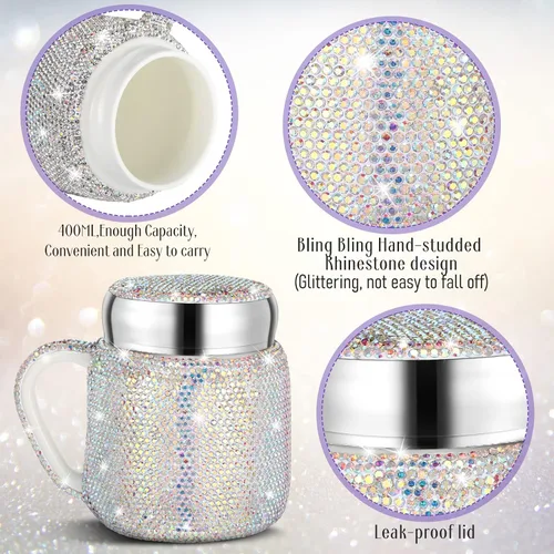 Miniatura 2 de Meanplan Taza de café con diamantes de imitación para regalo de Navidad, botella de agua con diamantes de imitación, taza de viaje portátil