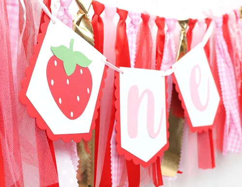 Miniatura 8 de Decoraciones de fiesta de fresa para primer cumpleaños, cartel de fresa para silla de bebé para accesorios de cabina de fotos y telón de fondo