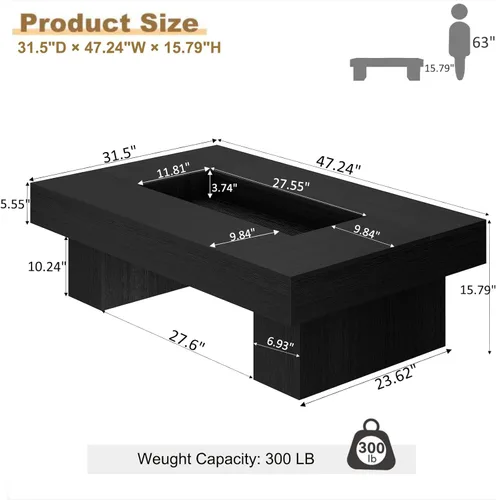 Miniatura 2 de LVB - Mesa de café negra, mesa de sala moderna de madera con LED y almacenamiento, mesa central única de gran tamaño y forma rectangular con luz