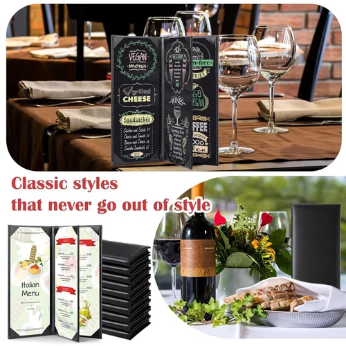 Miniatura 6 de Jexine 20 fundas negras para menú, impermeables, para restaurante, cafetería, bar, de piel sintética, 4 vistas, libro de menú plegable con esquinas