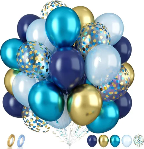 Miniatura 21 de Globos de graduación azules y dorados, 60 globos impresos con texto en inglés "Felicitaciones", 12 pulgadas, azul marino, blanco, azul, metálico