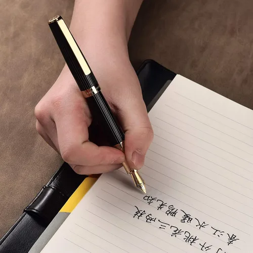 Miniatura 6 de Hongdian 1845 - Pluma estilográfica de punta extrafina, color negro a rayas doradas, instrumento de escritura sólido con estuche para bolígrafo