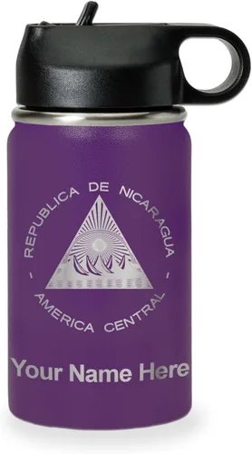 Miniatura 35 de LaserGram Botella de agua personalizada, bandera de Nicaragua, acero inoxidable de doble pared aislada al vacío con popote superior, regalo grabado