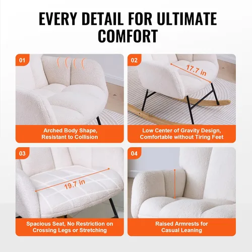 Miniatura 7 de VEVOR Mecedora para guardería, mecedora deslizante con asiento suave y respaldo alto, capacidad de peso de 250 libras, tela de peluche, silla