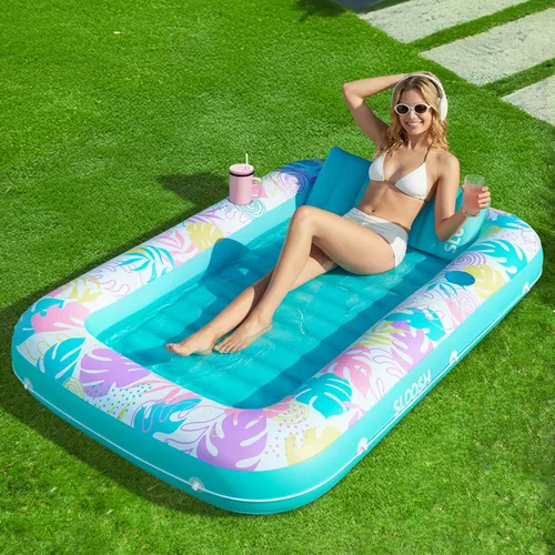 Miniatura 16 de Flotador inflable de bronceado para piscina Sloosh, 70 x 46 pulgadas, flotadores de piscina para adultos con almohada, 4 en 1, balsa de baño de sol