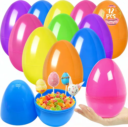 LUKBERA Huevos de Pascua brillantes de plástico jumbo, 12 unidades, 6 pulgadas, rellenables, varios colores sólidos, huevos sorpresa vacíos para