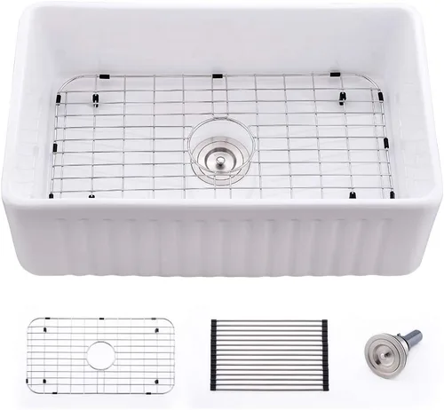 Miniatura 13 de Fregadero de cocina de arcilla refractaria de 33 pulgadas, 33 x 20 pulgadas, color blanco, delantal frontal de cerámica de porcelana de campo