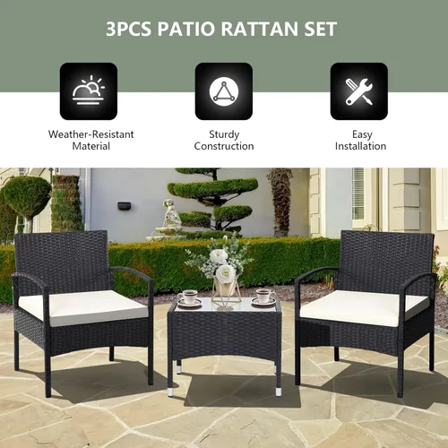 Miniatura 8 de Tangkula Juego de 3 piezas de mimbre para patio, juego de bistró de mimbre para exteriores con 2 sillas y 1 mesa auxiliar, mesa de vidrio templado