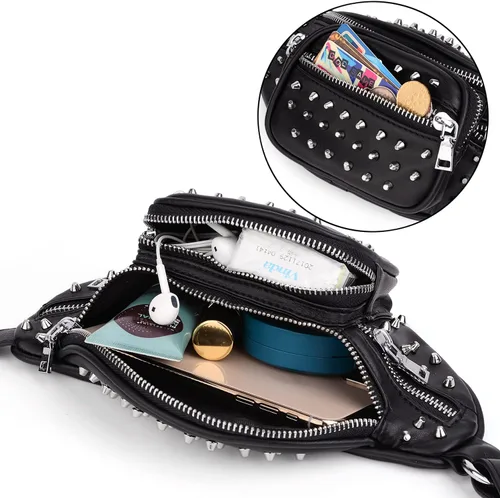 Miniatura 3 de UTO Fanny-Pack-for-Women's - Riñonera vegana de cuero con remaches tachuelas, ligera, con cremallera, bolsillo al hombro, 0879 Negro