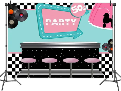 Miniatura 4 de 50's Soda Shop - Telón de fondo de vinilo para fiestas de regreso a los años 50, 5 x 3 pies con temática de los años 50, cartel para sesión de fotos