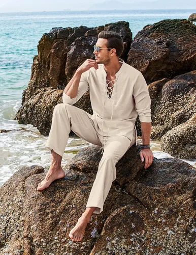 Miniatura 7 de COOFANDY Conjunto de 2 piezas de lino para hombre, camisas Henley de manga larga, pantalones casuales de playa con bolsillos, trajes de yoga