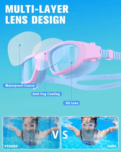 Miniatura 3 de Kids Swim Goggles with Silicone Swim Cap, Swimming Goggles Cap Set for Kids 6-14, Anti-Fog Anti-UV for Boys Girls Gorra azul/púrpura+azul