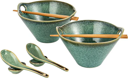 Miniatura 9 de Tazones grandes para servir ensalada, sopa, ramen, 71 OZ tazones de cerámica japoneses para fideos ramen con palillos, cucharas y soportes