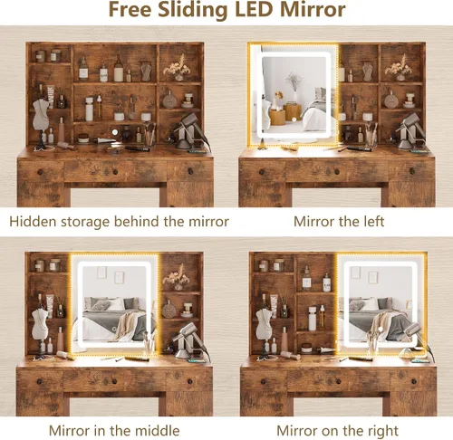 Miniatura 2 de IRONCK Juego de escritorio de tocador con espejo grande con luz LED y toma de corriente, 7 cajones, tocadores, mesa de maquillaje con banco