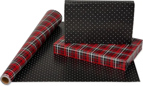 Miniatura 3 de American Greetings Rollo de papel de regalo reversible jumbo para Navidad, papel de regalo navideño rojo y negro