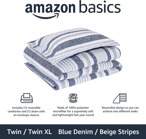 Miniatura 2 de Amazon Basics - Juegos de edredón tamaño Twin/Twin XL, ropa de cama reversible de microfibra ultra suave y ligera de 2 piezas, azul denim/rayas