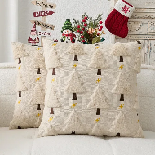 Miniatura 42 de Kevin Textile - Fundas de almohada con diseño de árbol de Navidad de 16 x 16 pulgadas, juego de 2, bordado de lujo, felpa suave, piel sintética