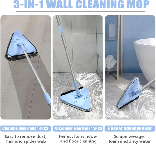 Miniatura 3 de NEWE Trapeador de pared con mango largo de 80 pulgadas, limpiador de pared y techo, limpiador de pared plegable de 180° con mango largo, limpiador