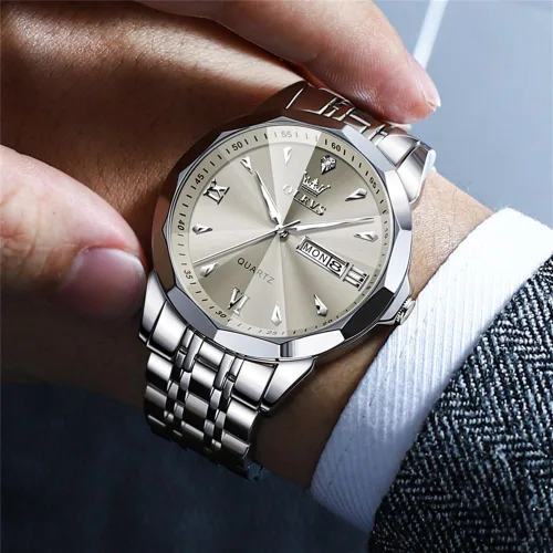 Miniatura 4 de OLEVS Reloj para hombre de acero inoxidable, cronógrafo, cara grande, fácil de leer, relojes analógicos de cuarzo de lujo, impermeables, con fecha