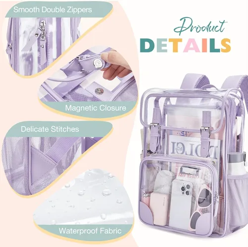Miniatura 5 de mommore Mochila transparente para escuela, resistente, grande, transparente, de PVC, transparente, 1PC-Púrpura, Grande, Mochila transparente